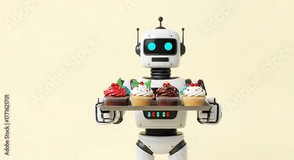 Obraz Friendly robot offers delicious cupcakes, a sweet treat from future technology and culinary delight