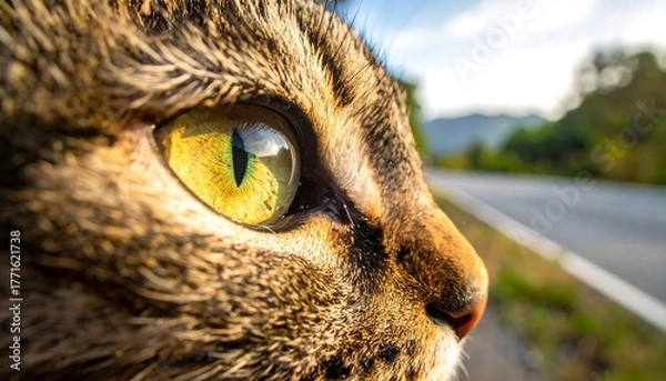 Fototapeta Extreme close-up shot of a feline's eye and facial features. The eye has a vibrant green and yellow iris, with a road and mountains in the background