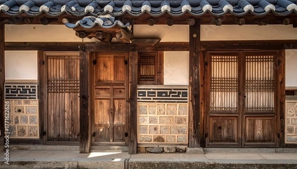 Fototapeta Facade of a traditional building. Wooden doors and window-like features stand below a tiled roof. Intricate patterns adorn the walls