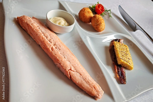 Obraz Appetizer plate with mixed fish fillets and fish balls