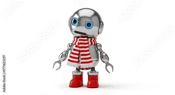 Obraz Adorable metallic robot friend wearing festive scarf and boots ready for winter fun
