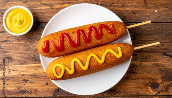 Obraz American corn dogs served on a white plate