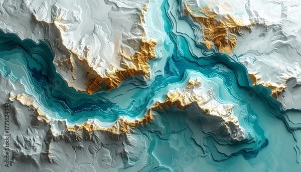 Fototapeta Abstract Topographic Map Landscape with Turquoise River and Golden Cliffs Artistic Aerial View Dreamy and Serene.
