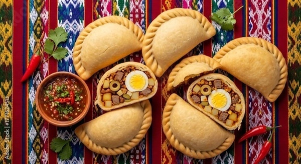 Fototapeta Overhead shot of empanadas with filling and sauce on a colorful woven textile background flat lay food