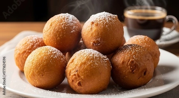 Obraz A plate of fried dough balls with powdered sugar and a cup of coffee in the background