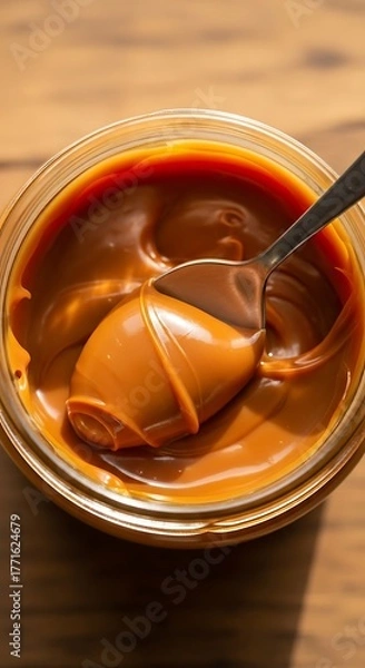 Fototapeta Close up of a spoon scooping out a generous portion of caramel from a glass jar on a wooden surface