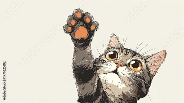 Fototapeta Cartoonish or realistic cat with paw up for high five, white background, cheerful and engaging image