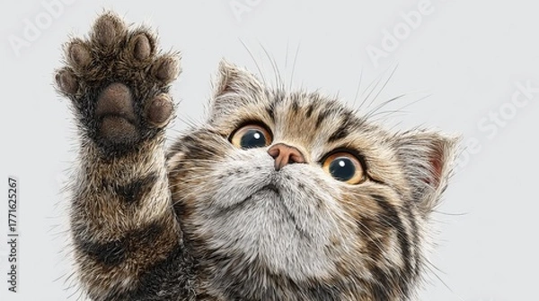 Fototapeta Cartoonish or realistic cat with paw up for high five, white background, cheerful and engaging image