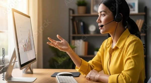 Fototapeta Asian businesswoman with headset presents financial data on a chart during a video conference. Concept of customer service, online meeting, webinar, and remote work from home.