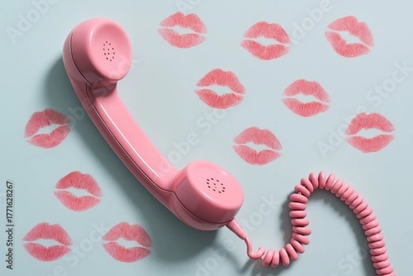 Fototapeta Charming pink retro telephone handset surrounded by romantic lipstick kiss marks creates a nostalgic Valentine's Day communication scene on a soft blue background