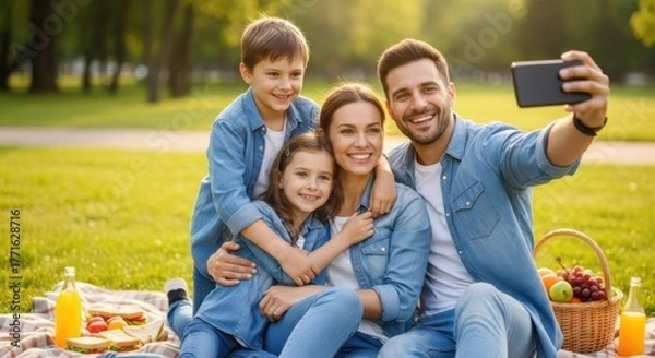 Fototapeta Joyful family taking a selfie on a sunny day in the park. Parents with two children on a picnic, creating memories. Concept of love, parenthood, togetherness and happiness.