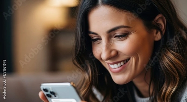 Fototapeta Smiling young woman using smartphone close-up, digital communication, social media browsing, positive emotion, modern technology interaction, indoor lifestyle scene