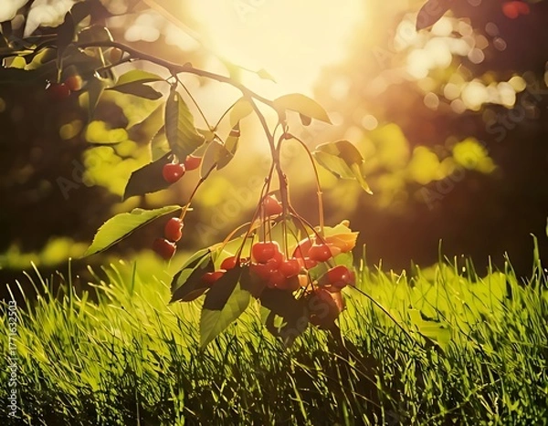 Obraz Sunlit Cherries in Green Grass - A Summer Delight.