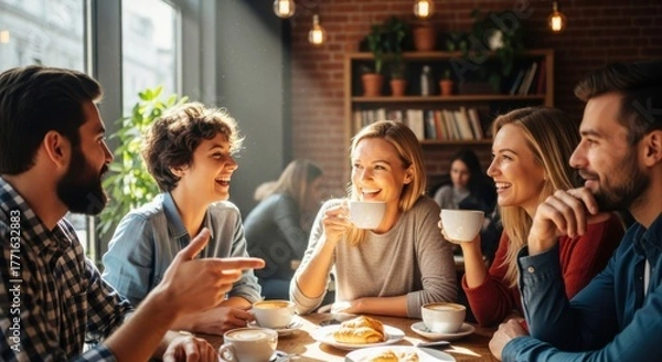 Fototapeta Happy diverse friends enjoying coffee and croissants, laughing and socializing in cozy modern cafe with natural light, casual meeting and friendship concept