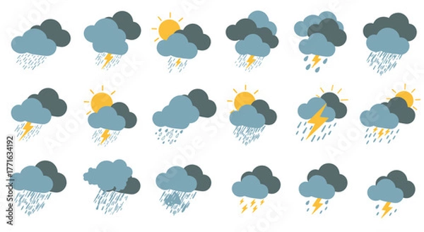Fototapeta Variety of weather icons displaying sun, clouds, rain, and thunderstorms in a minimalist style