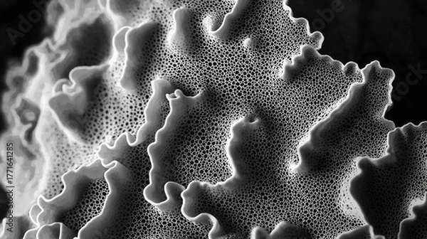 Fototapeta Detailed Black and White Macro View of a Spongy, Organic, Porous Cellular Texture