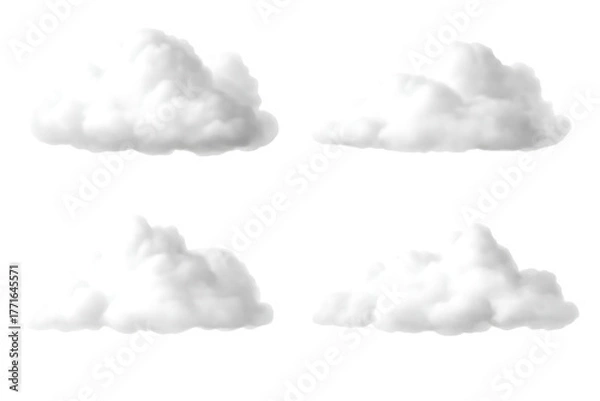 Fototapeta Four fluffy white cumulus clouds with soft edges and subtle shading, cutout, PNG isolated on white or transparent background