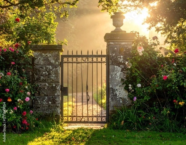 Fototapeta Sunlit Garden Gate - A Path to Serenity and Beauty.