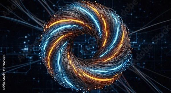 Obraz Abstract digital art of a glowing, swirling, and intricate network of wires and light.