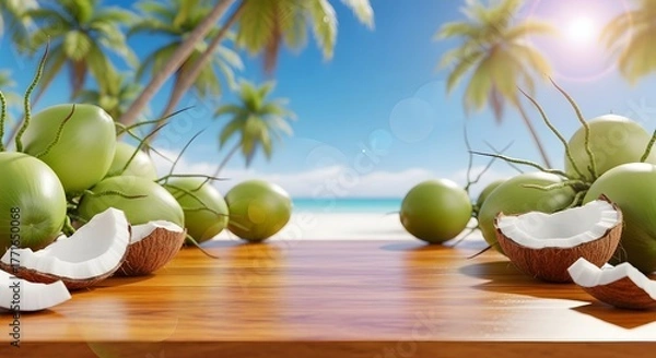 Fototapeta Fresh green coconuts and split old coconuts on a wooden table with tropical beach and coconut trees in a sunny day