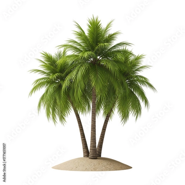 Obraz Cluster of three palm trees, with lush green fronds on a sandy mound, isolated on white or transparent background. PNG
