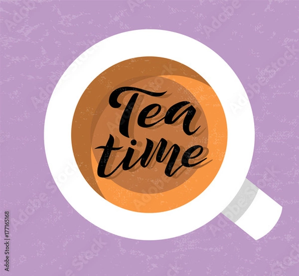 Fototapeta Tea time custom lettering text on light violet background with tea cup, vector illustration. Tea calligraphy for logo, invitation and postcards. Tea time vector design.