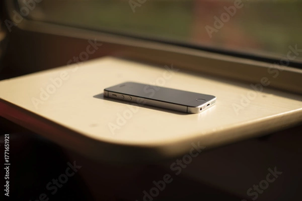 Fototapeta Compact phone work area during commute, Portable device environment with scenic window view and calm