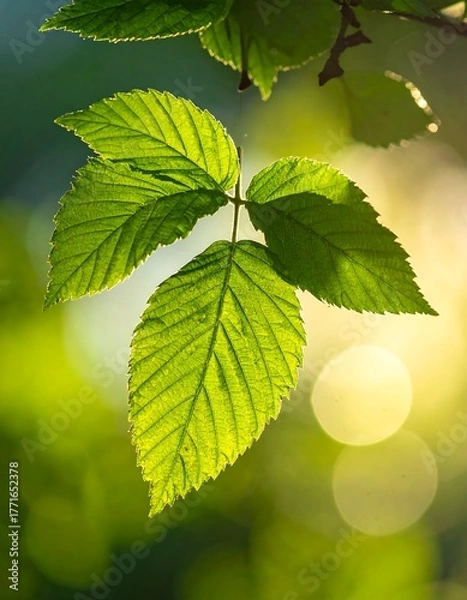Obraz Sunlit Green Leaves - A Close-Up of Natures Beauty.