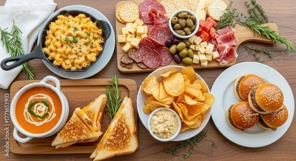 Fototapeta A wooden table with a variety of food items, including macaroni and cheese, salami, olives, crackers, and sandwiches.