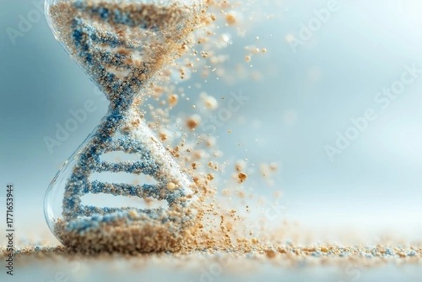 Fototapeta Futuristic life expectancy, longevity science concept with DNA helix and hourglass.