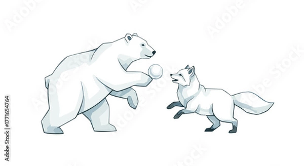 Fototapeta Happy polar bear playing with snowballs alongside an arctic fox  