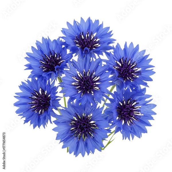 Fototapeta Cluster of vibrant blue cornflower blossoms, with dark purple centers, isolated on white or transparent background. PNG