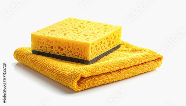 Fototapeta Isolated image of a yellow cleaning cloth and sponge set on a white background for advertising and promotional use