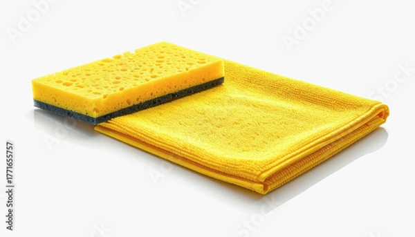 Fototapeta A bright yellow microfiber cleaning cloth featured with an isolated sponge on a white background for marketing purposes