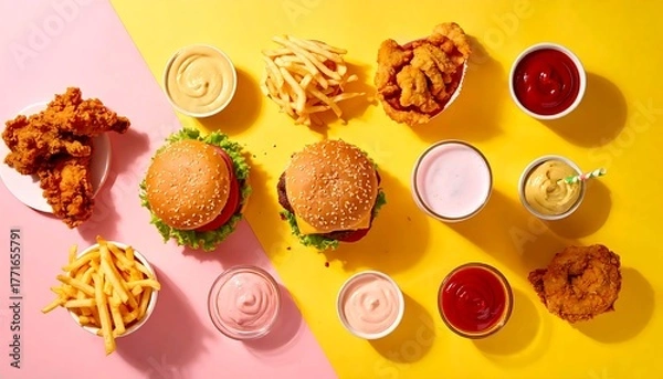 Obraz Delicious fast food spread on colorful background. Flat lay with classic burgers, crispy fries, fried chicken, and variety of dipping sauces. Appetizing quick meal concept