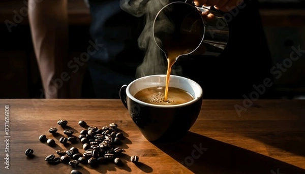 Fototapeta Pouring Coffee into a Mug with Beans on a Wooden Table