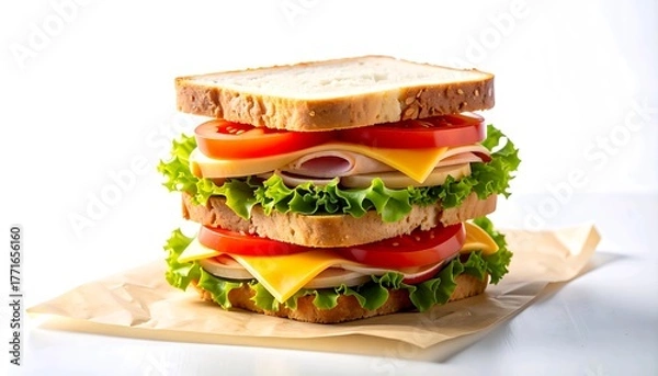 Fototapeta Delectable Double Decker Sandwich with Cheese, Turkey, Lettuce and Tomato