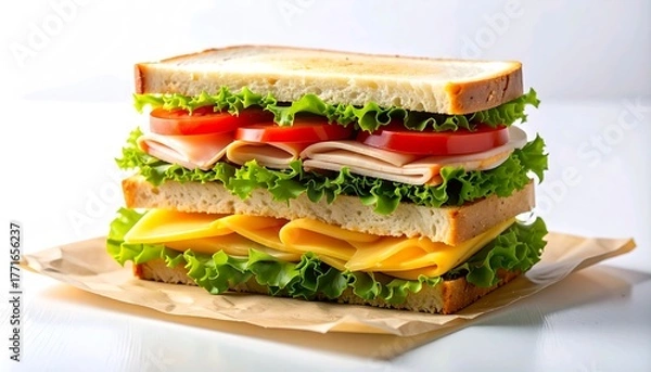 Fototapeta A freshly prepared, visually appealing stacked sandwich, featuring multiple layers of premium deli meat, crisp lettuce, ripe tomatoes, and savory cheese, ideal for a satisfying lunch or quick bite