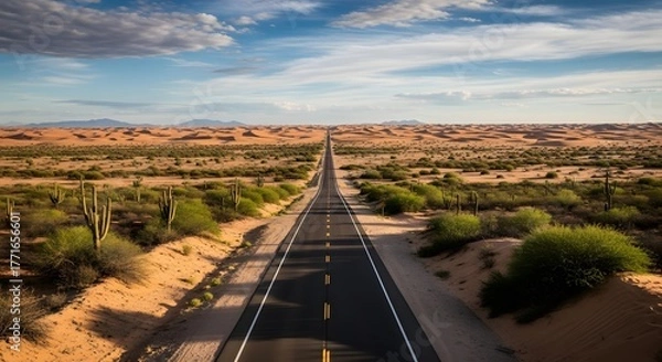 Fototapeta Photo of the highway stretching straight across the desert with a background of desert hills, kaptuus trees and bushes