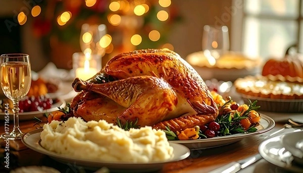 Obraz Roasted Turkey Feast A Festive Thanksgiving Table Display