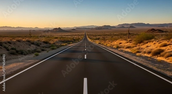 Fototapeta Photo of the highway stretching straight across the desert with a background of desert hills, kaptuus trees and bushes