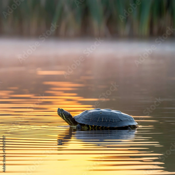 Obraz Serene turtle glides through calm water at sunrise, reflecting golden light and reeds.