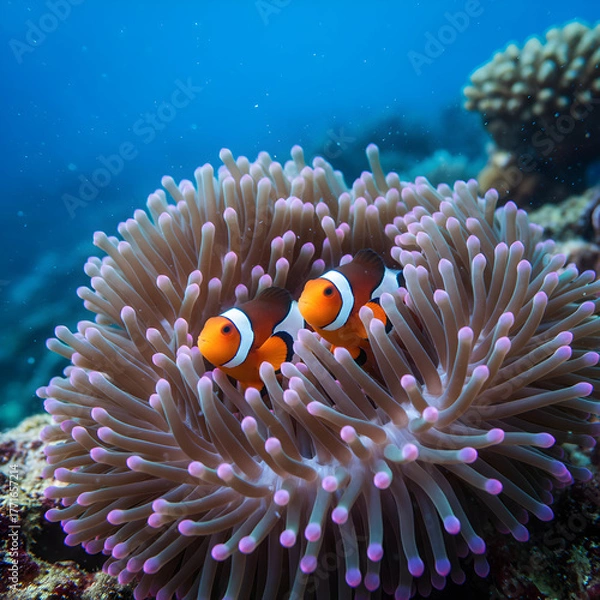 Obraz Two vibrant clownfish nestled safely within a colorful sea anemone underwater.