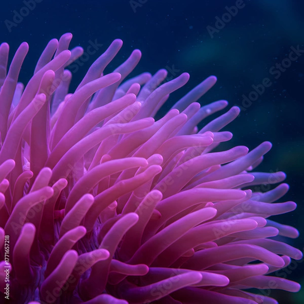 Obraz Vibrant pink sea anemone tentacles sway gently in the deep blue ocean waters