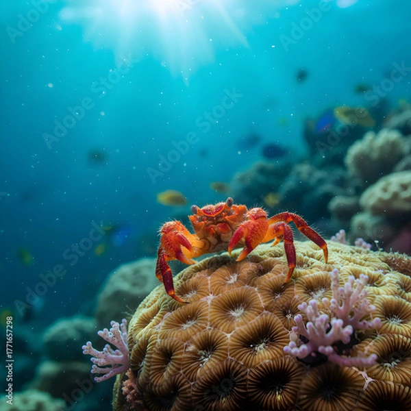 Obraz Vibrant orange crab perched on coral reef with sunbeams filtering through clear blue ocean water.