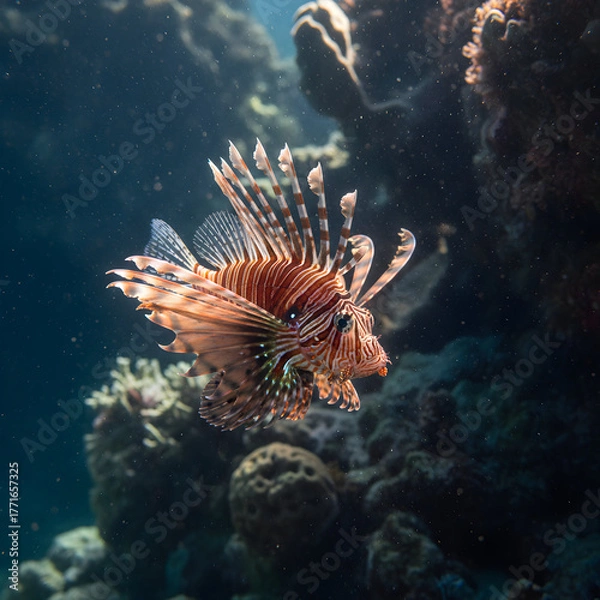 Obraz Graceful lionfish glides through vibrant coral reef with sunlit ocean depths.