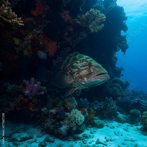 Obraz Large grouper fish rests in colorful coral reef underwater.
