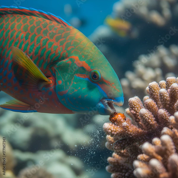 Obraz Vibrant parrotfish actively feeding on coral reef in clear blue ocean water