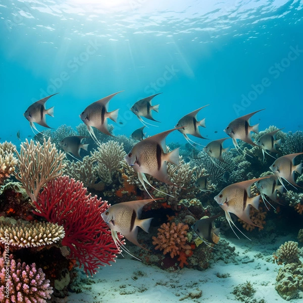 Obraz School of angelfish swims gracefully through vibrant coral reef with sunbeams illuminating the clear blue water.