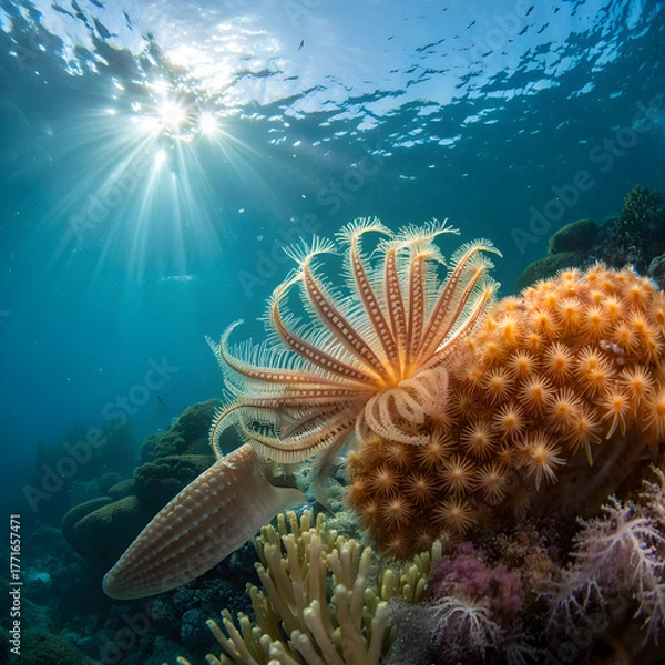 Obraz Sunlight streams through clear ocean water illuminating a delicate sea lily and vibrant coral reef.